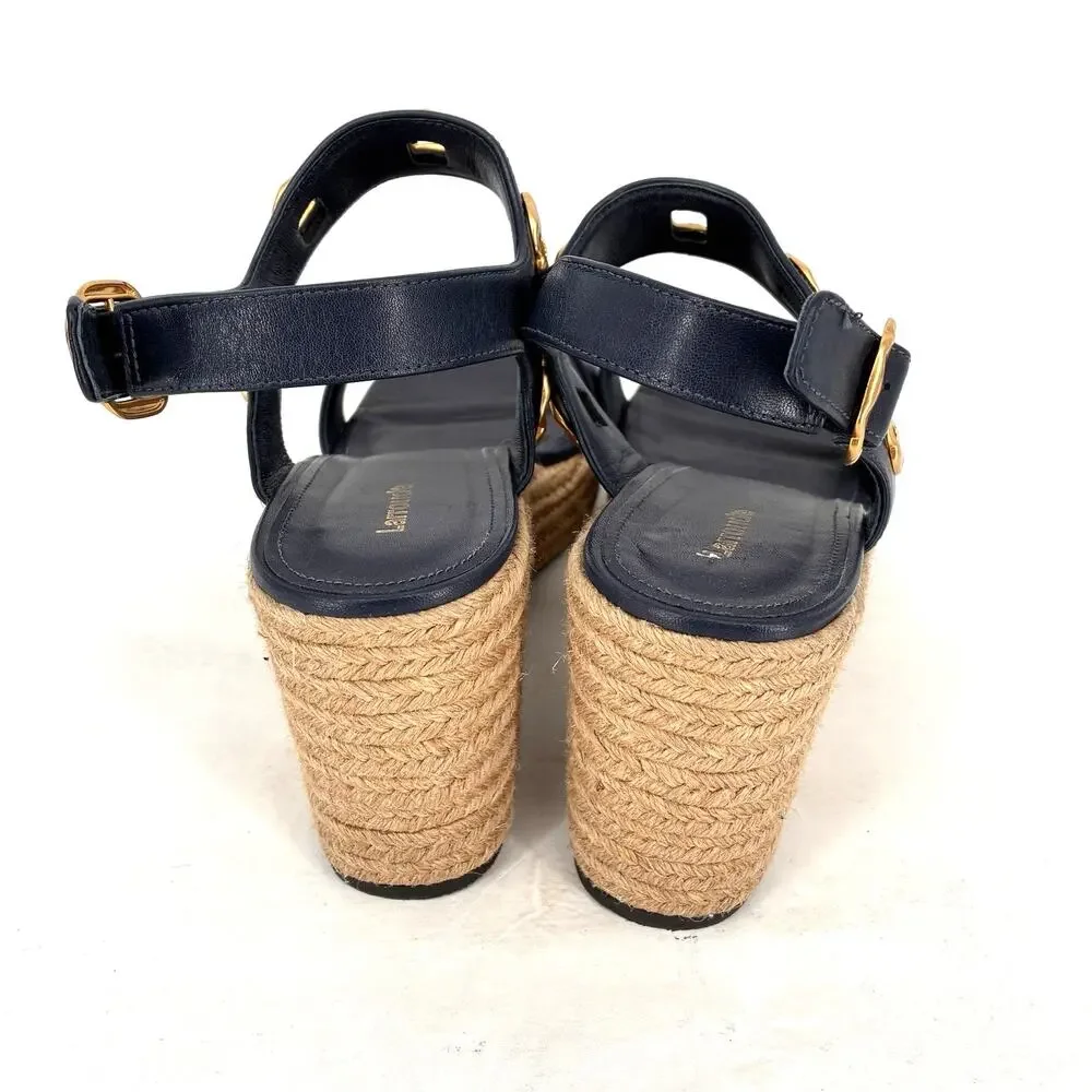 Larroudé Milan Espadrille Wedge Sandals Navy Blue Leather Women's 11